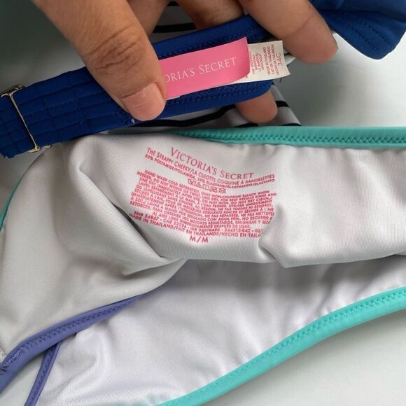 Victoria’s Secret 2 Piece Swimsuit Strapless Bikini Size M 34C Blue White Stripe - Picture 6 of 6